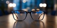 Modern black eyeglasses on wooden surface with blurred city lights bokeh background reflecting in lenses, shallow depth of field macro photography.