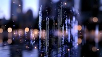 Glowing digital audio waves visualization with bokeh light effects on dark background creates futuristic atmosphere for music and sound technology concepts.