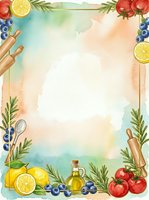 Watercolor cooking frame with lemons, tomatoes, blueberries, olive oil, rosemary, and rolling pins on a soft pastel background with copy space.