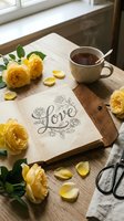 Open journal with love lettering and rose sketch surrounded by yellow roses, petals, steaming tea cup and scissors on wooden table.