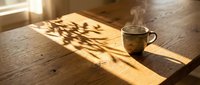 Steaming cup of tea on wooden table with warm sunlight and leaf shadows creating a peaceful morning atmosphere.