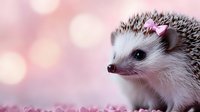 Adorable hedgehog with pink bow on pink bokeh background looking at camera. Close up portrait of spiny pet with gentle expression and soft lighting.
