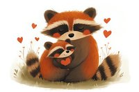 Adorable raccoon mother hugging baby raccoon surrounded by red hearts and delicate grass stems on white background, sweet family love illustration for children.