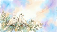 Two doves perched on a flowering branch against a soft watercolor sky in pastel tones of blue, purple, and cream. Suitable for wedding invitations, greeting cards, and peaceful home decor.