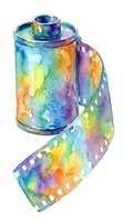Watercolor film roll with vibrant rainbow colors and flowing filmstrip, isolated on white background for design, printing, and creative projects.