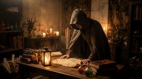 Hooded medieval alchemist studying an ancient scroll by candlelight in a mystical study filled with books and potions.