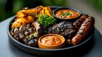 Grilled meat platter with sausages, roasted potatoes, fresh herbs and assorted dipping sauces served on dark plate, close up view of barbecue feast.