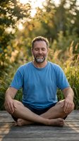 Middle-aged Caucasian man with beard sitting cross-legged on wooden deck in meditation pose, wearing blue t-shirt, surrounded by blurred green foliage and golden sunlight for wellness and mindfulness concepts.