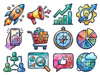 Startup business growth strategy icons set with rocket, megaphone, charts, gear, analytics, shopping cart, compass, pie chart, teamwork, magnifying glass, thumbs up, and globe isolated on white background.