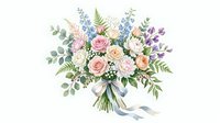 Watercolor wedding bouquet with pastel roses, eucalyptus and wildflowers tied with blue ribbon on white background for bridal design projects.