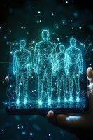 Glowing blue hologram figures emerging from smartphone screen with connected dots and lines forming human silhouettes against dark background with bokeh effects.