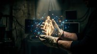 Hands holding glowing human figure with digital network connections and light particles, representing healthcare technology, telemedicine, medical innovation, and digital wellness solutions.