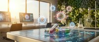 Scientist examining colorful virus molecules on digital tablet in modern laboratory with green plants and sunlight streaming through windows.