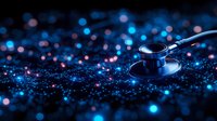 Medical stethoscope on dark background with glowing blue bokeh lights creating magical atmosphere for healthcare and medical concepts.