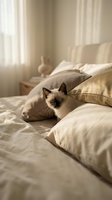 Siamese cat lounging on cream bedding in bright bedroom with natural light, relaxing on pillows for home decor and pet lifestyle content.