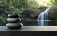 Balanced zen stones stacked on wooden surface against blurred waterfall background creating peaceful spa atmosphere for wellness and meditation practices.