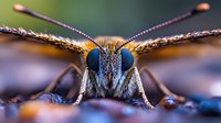 Extreme macro close up of butterfly head with large blue compound eyes and antennae against blurred background. Detailed nature photography showing insect anatomy.