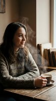 Young Hispanic woman in cozy knit sweater enjoying hot coffee at wooden table with steam rising from cup in warm indoor setting with books in background.
