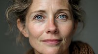 Close-up portrait of middle-aged Caucasian woman with blue eyes, natural appearance, and subtle smile against neutral background, wearing brown textured garment.