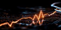 Glowing orange financial chart line graph showing market volatility against dark digital grid background, modern data visualization for business analytics.