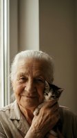 Senior Caucasian woman holding adorable tabby kitten by window in warm natural light creating heartwarming intergenerational bond between elderly person and pet.