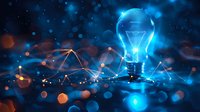 Glowing blue light bulb with digital network connections on dark background, symbolizing innovation, artificial intelligence and creative technology solutions for business concepts.