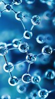 Molecular structure with connected spherical atoms in blue tones against dark background, representing scientific research and chemical bonds.