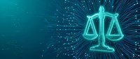 Glowing scales of justice symbol with radiating light beams on dark blue background for legal technology and digital law concepts.