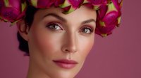 Young woman wearing pink dragon fruit crown against pink background, natural makeup, glowing skin and green eyes for beauty and fashion campaigns.