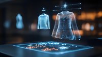 Futuristic holographic display of digital clothing with glowing wireframe garments floating above interactive touchscreen in fashion technology showroom.