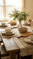 Rustic dining table set with white lilac flowers in glass vase, woven placemats, ceramic dishes and wooden cutting boards in warm sunlit kitchen interior.