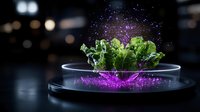 Fresh green lettuce leaves floating above glowing purple light with magical sparkles and particles on dark background, modern food photography concept.