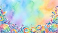 Colorful watercolor background with rainbow swirls, circles, and splashes. Soft pastel gradient transitions from blue to green, yellow, pink, and purple. Isolated on white, ready for design projects.
