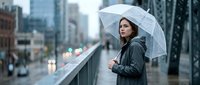 Woman with umbrella standing on urban bridge during rainy weather, wearing dark jacket, contemplative mood, suitable for lifestyle and weather-related content.