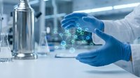 Scientist hands in blue gloves holding digital molecular structure in modern laboratory with equipment and glassware for research and development.