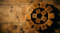 Wooden astrology zodiac signs arranged in circle on rustic table. Horoscope symbols carved in wood blocks for spiritual guidance and fortune telling.
