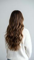 Woman with long wavy brown hair wearing white knit sweater from behind showing healthy hair texture and natural highlights for beauty salon advertising.