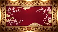 Ornate golden frame with cherry blossom branches on deep red background. Traditional Asian decorative border design for luxury interior decor and festive celebrations.