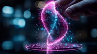Glowing DNA helix hologram in pink and blue neon colors floating above circular platform against dark background with bokeh lights, futuristic genetic science visualization.