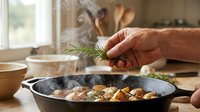 Mature adult hand garnishing sautéed mushrooms and potatoes with fresh rosemary in cast iron skillet, home cooking and meal preparation.