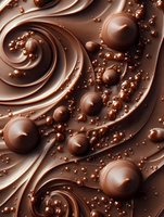 Swirling milk chocolate background with smooth spheres and tiny droplets creating luxurious texture. Abstract flowing pattern for confectionery and dessert designs.