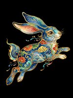 Ornate decorative rabbit with intricate floral patterns in blue, gold, and coral tones, isolated on transparent background. Ready for t-shirt design, clipart, stickers, sublimation, and print-on-demand projects.