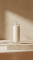 Clear glass bottle filled with white liquid cosmetic product displayed on natural stone platform with warm sunlight and neutral beige background for skincare, beauty and wellness branding.
