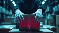 Mysterious hacker in dark room opening red glowing laptop, wearing white gloves. Dramatic cybercrime scene with moody blue lighting and bokeh effect in background.