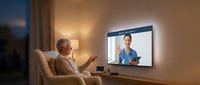 Senior man in beige cardigan having video call with female doctor on wall-mounted screen in warm-lit living room during evening consultation.