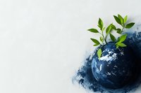 Green plant sprouts growing from painted Earth planet against white background, symbolizing environmental conservation, sustainability and new life emergence.