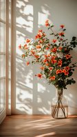 Orange bougainvillea flowers in glass vase by window with natural sunlight casting dramatic shadows on white wall, creating serene morning atmosphere.