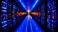 Modern server room corridor with blue LED lighting and rows of data center equipment creating dramatic perspective with reflective floor surface.