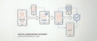 Digital onboarding journey user experience flow with mobile devices showing step-by-step process from registration to completion with checkmarks and arrows.