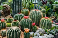 Blooming barrel cactus garden with pink flowers growing in sandy soil among decorative rocks, surrounded by diverse desert plants and succulents in greenhouse setting.